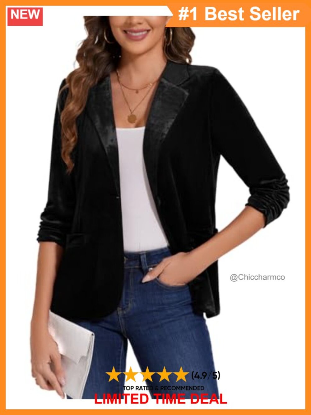 Velvet Blazer 3/4 Ruched Sleeve Notch Lapel Business Casual Jacket